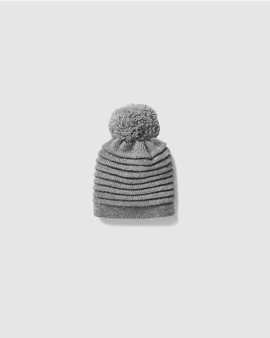 Sentaler Kids Ribbed Grey Hat with Knit Pompon (4-5 Years) in Baby Alpaca yarn. Seen as off figure.