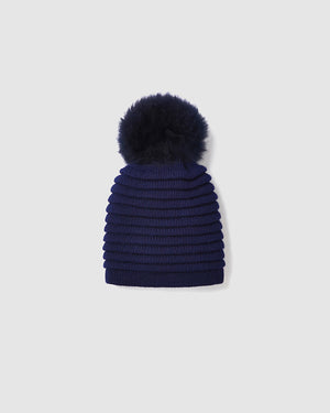 Sentaler Kids Ribbed Navy Hat with Fur Pompon (6-14 Years) in Baby Alpaca yarn, displayed on a white background.