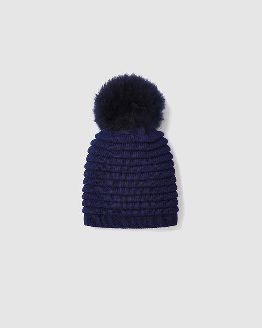 Sentaler Kids Ribbed Navy Hat with Fur Pompon (6-14 Years) in Baby Alpaca yarn, displayed on a white background.