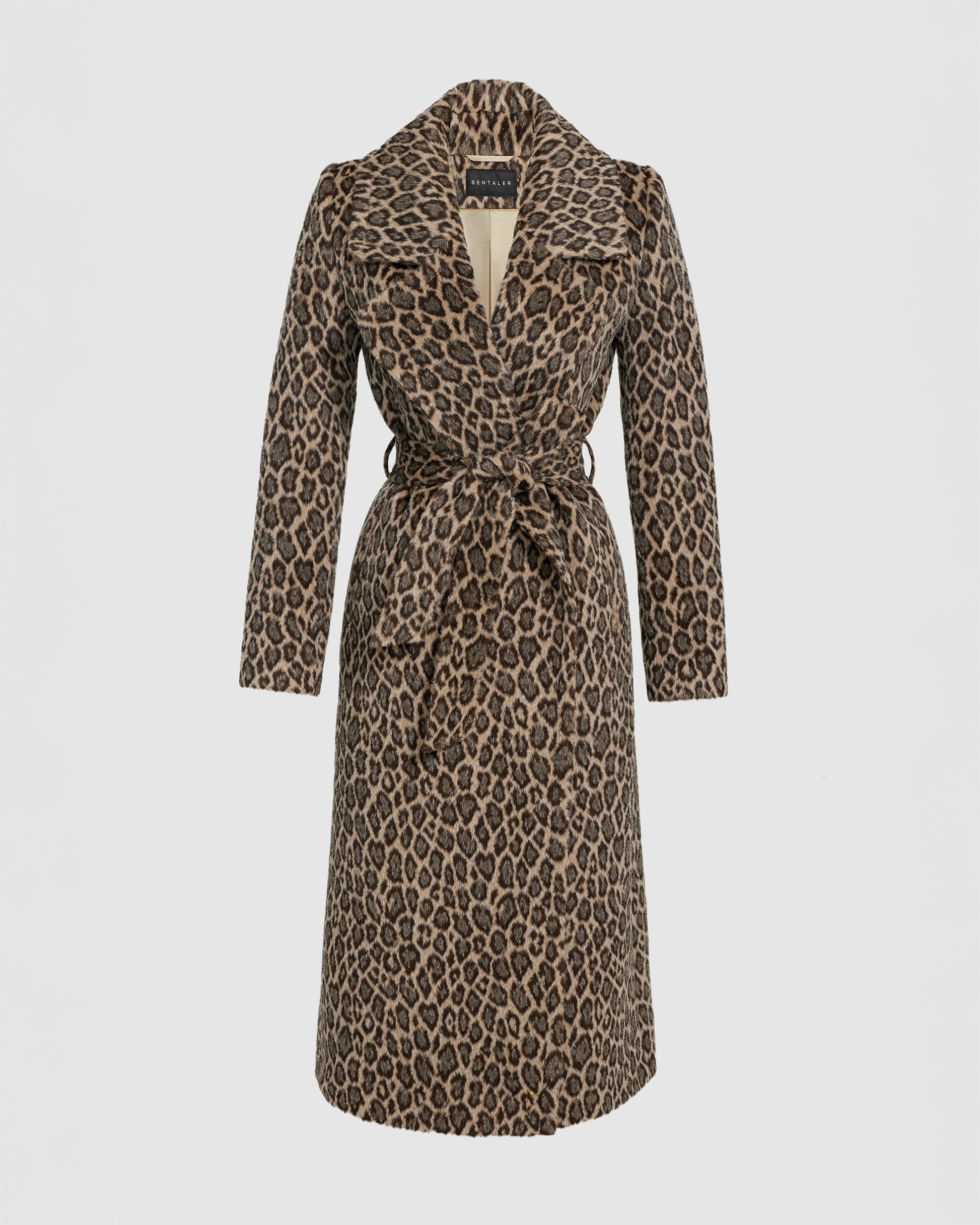 Sentaler leopard wrap coat made of suri bouclé alpaca wool with a notched collar, belted.