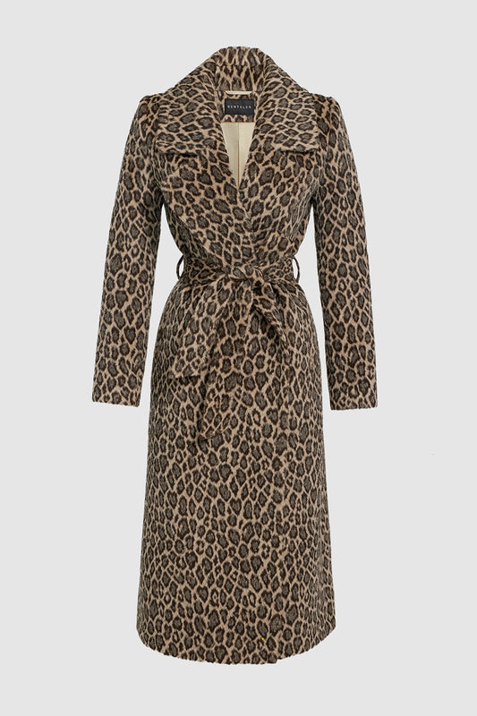 Sentaler Leopard Alpaca Long Notched Collar Wrap Coat featured in Suri Alpaca and available in Leopard Pattern. Seen as off figure belted.