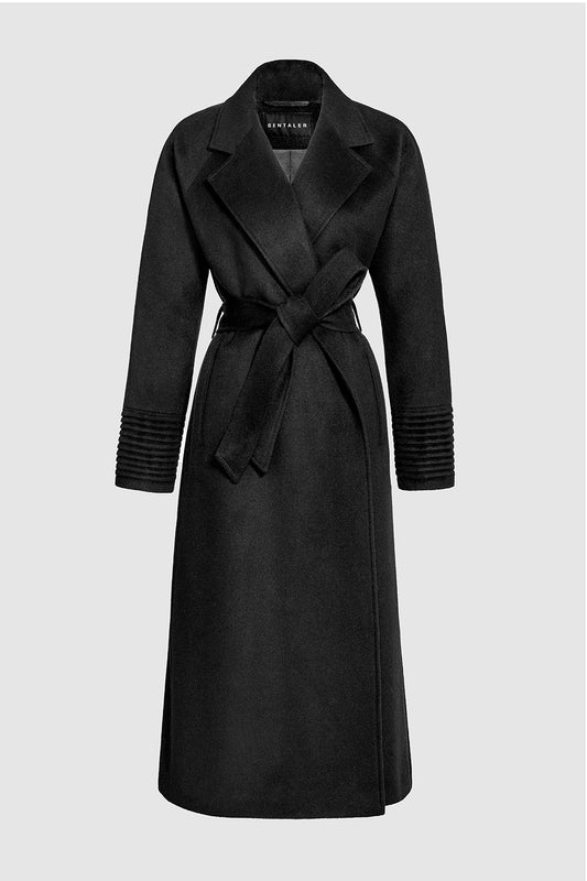Sentaler Long Notched Collar Raglan Sleeve Wrap Coat featured in Baby Alpaca and available in Black. Seen as belted off figure.