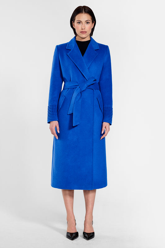 Sentaler Long Notched Collar Wrap Coat featured in Baby Alpaca and available in Cobalt Blue. Seen from front on female model who is wearing the coat belted.