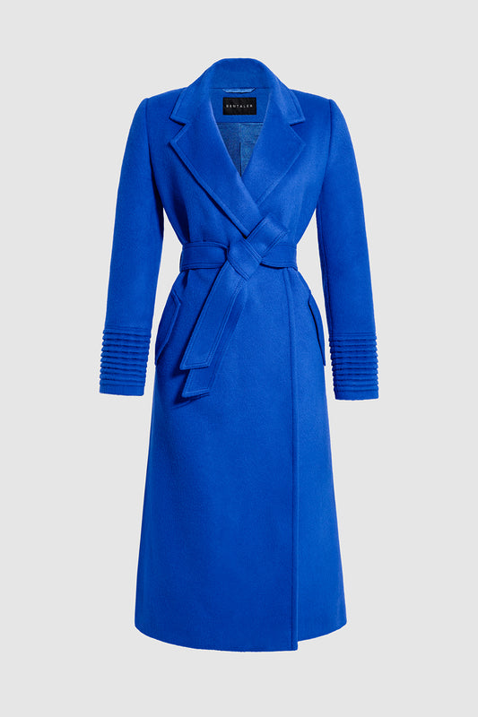 Sentaler Long Notched Collar Wrap Coat crafted in Baby Alpaca wool and in Cobalt Blue. Seen as off figure belted.