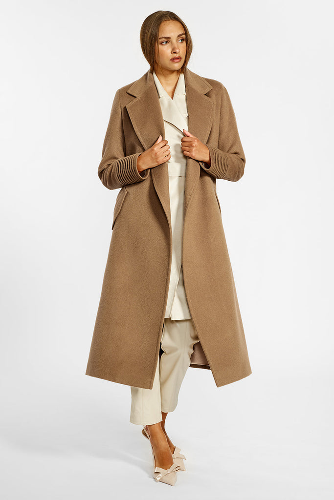 Long Notched Collar Wrap Dark Camel Coat | SENTALER