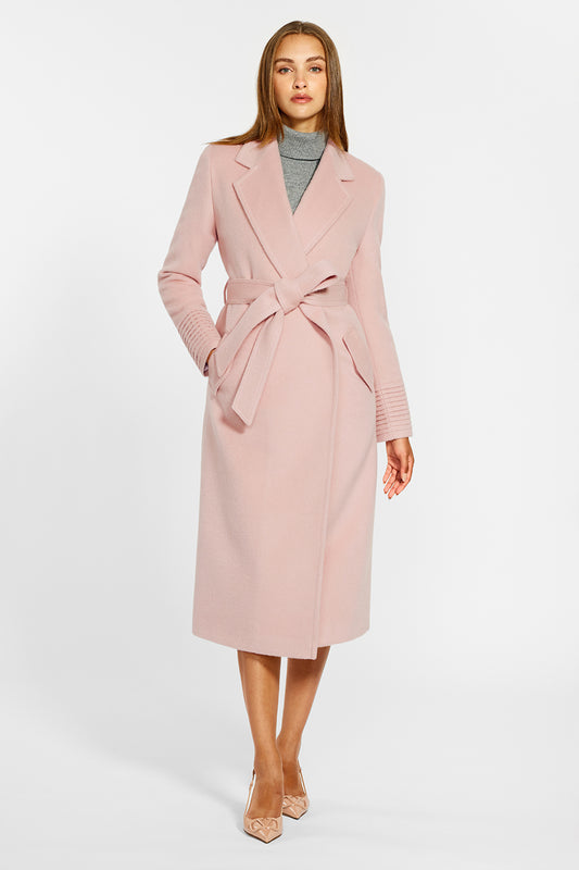 Sentaler Long Notched Collar Wrap Coat featured in Baby Alpaca and available in Pink Tint. Seen from front belted on female model.