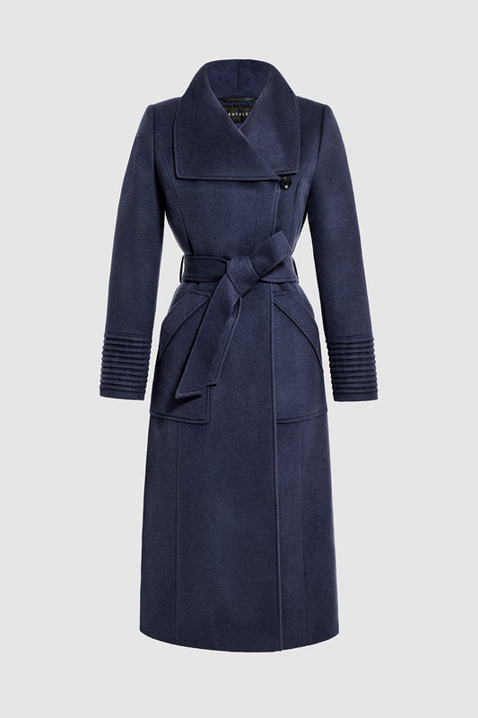Sentaler Long Wide Collar Wrap Coat featured in Baby Alpaca and available in Deep Navy. Seen as belted off figure.