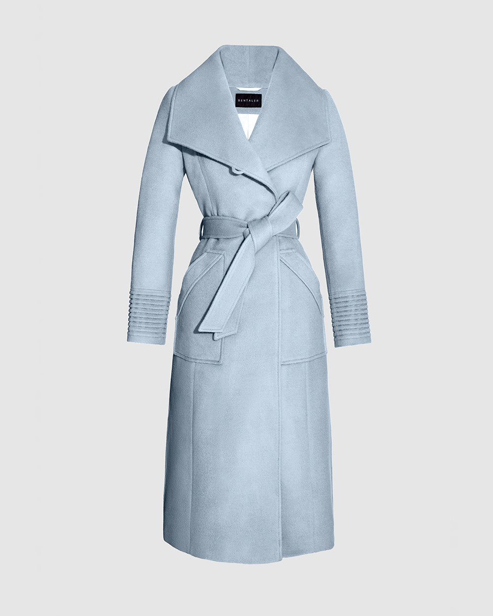 Sentaler Long Wide Collar Wrap Glacial Blue Coat in Baby Alpaca wool. Seen as belted off figure.