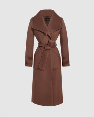 Sentaler sepia brown long wrap coat made of baby alpaca wool with a wide collar, belted.