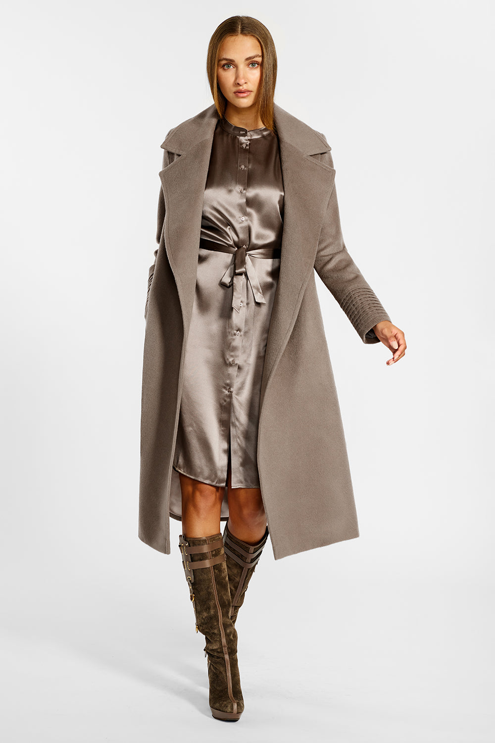 Long Wide Notched Collar Wrap Warm Taupe Coat | SENTALER