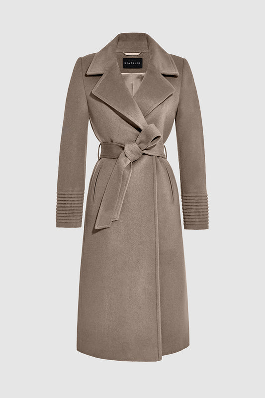 Sentaler Long Wide Notched Collar Wrap Coat featured in Baby Alpaca and available in Warm Taupe. Seen as belted off figure.