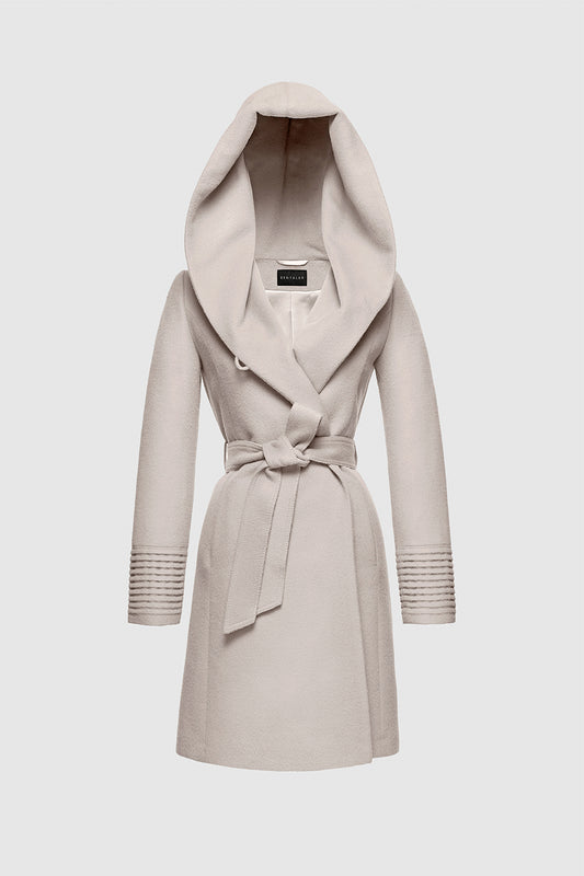 Sentaler Mid Length Hooded Wrap Coat featured in Baby Alpaca and available in Bleeker Beige. Seen as off figure belted.