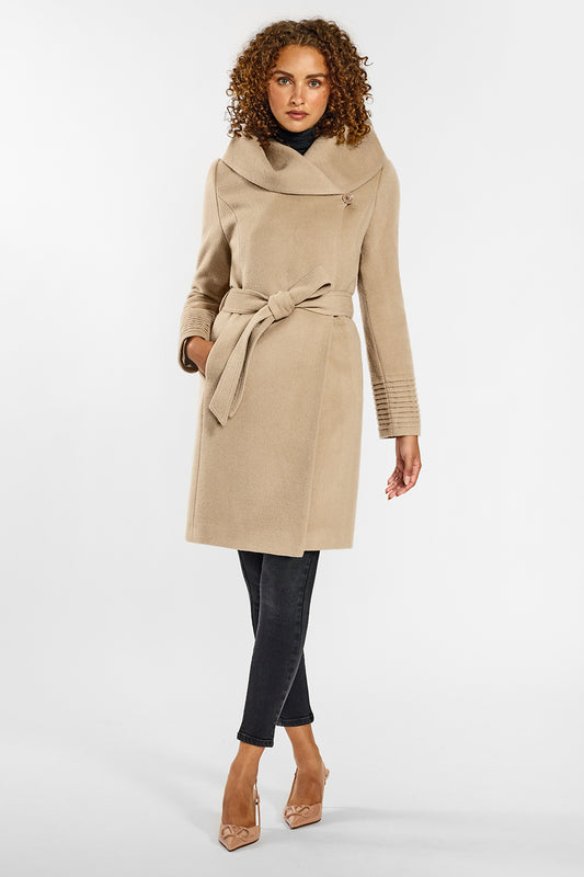 Sentaler Mid Length Hooded Wrap Coat crafted in Baby Alpaca wool and in Camel. Seen from front on female model.
