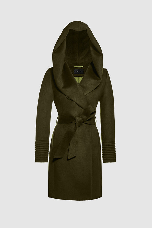 Sentaler Mid Length Hooded Wrap Coat featured in Baby Alpaca and available in Olive Green. Seen as off figure belted.