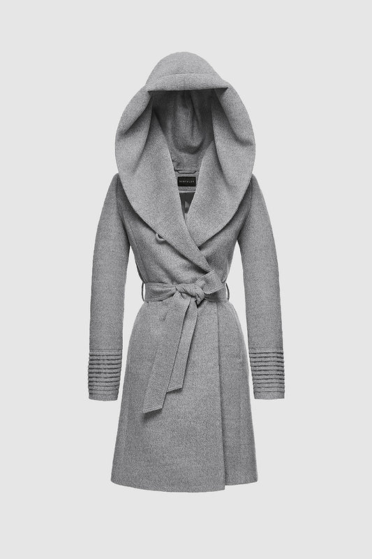 Sentaler Mid Length Hooded Wrap Coat featured in Baby Alpaca and available in Shale Grey. Seen as off figure belted.