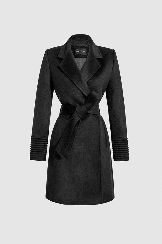 Sentaler Mid Length Notched Collar Wrap Coat featured in Baby Alpaca and available in Black. Seen as belted off figure.
