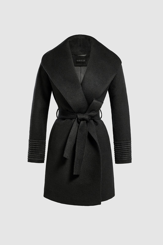 Sentaler Mid Length Shawl Collar Wrap Coat featured in Baby Alpaca and available in Black. Seen as off figure belted.