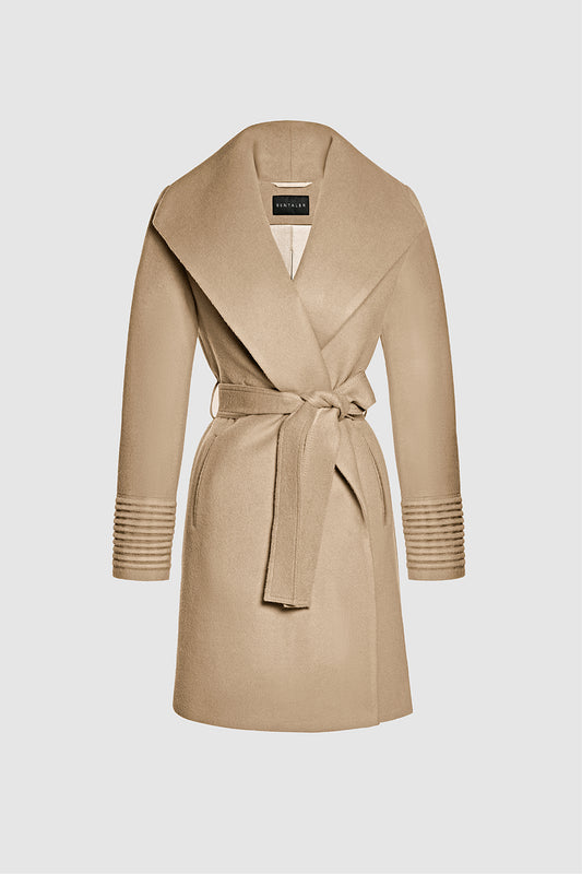 Sentaler Mid Length Shawl Collar Wrap Coat featured in Baby Alpaca and available in Camel. Seen as off figure belted.