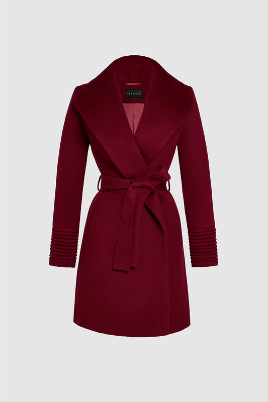 Sentaler Mid Length Shawl Collar Wrap Coat featured in Baby Alpaca and available in Garnet Red. Seen as off figure belted.