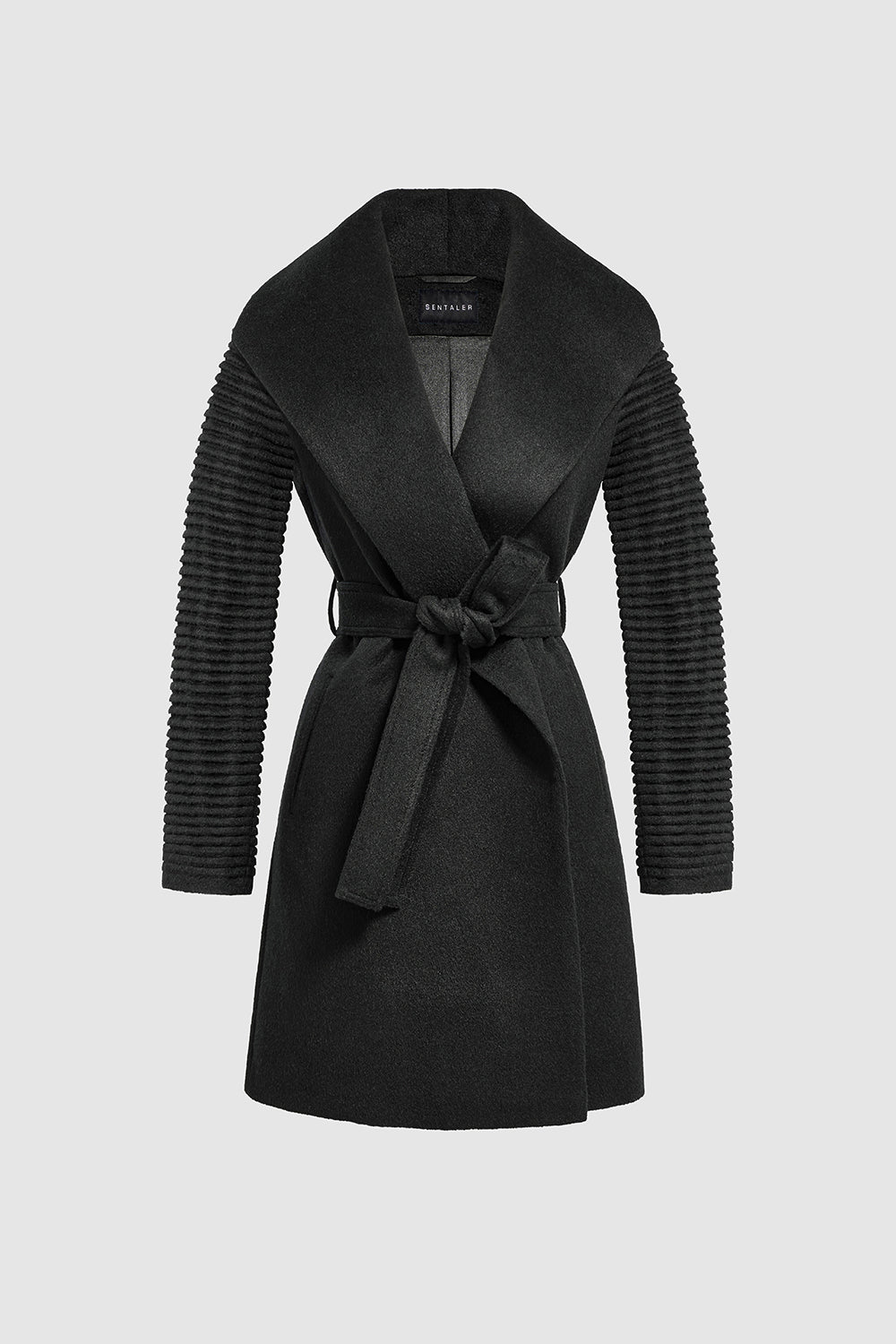 Mid Length Shawl Collar Wrap Coat with Ribbed Sleeves