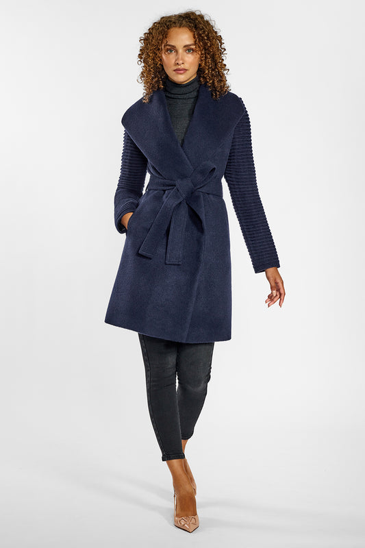 Sentaler Mid Length Shawl Collar Wrap Coat with Ribbed Sleeves crafted in Baby Alpaca wool and in Deep Navy Blue. Seen from front on female model.