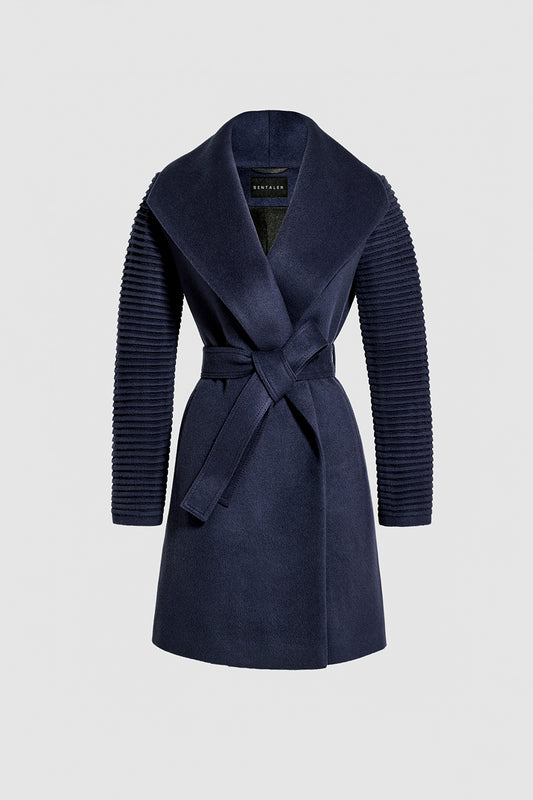 Sentaler Mid Length Shawl Collar Wrap Coat with Ribbed Sleeves crafted in Baby Alpaca wool and in Deep Navy Blue. Seen as off figure belted.
