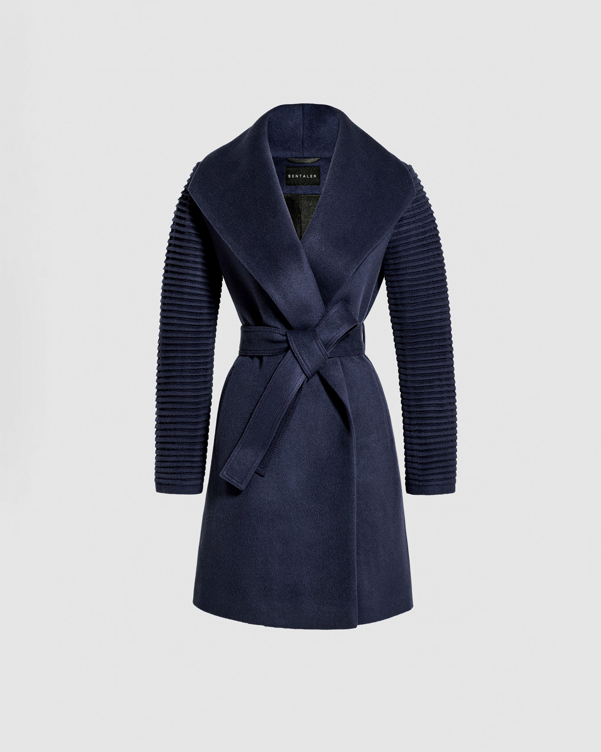 Sentaler mid length deep navy wrap coat made of baby alpaca wool with ribbed sleeves, belted.