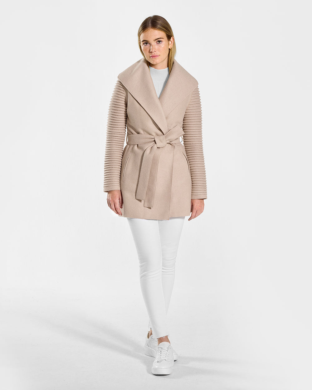 Sentaler Women s Ribbed Sleeve Wrap Coat in Chamois Wool