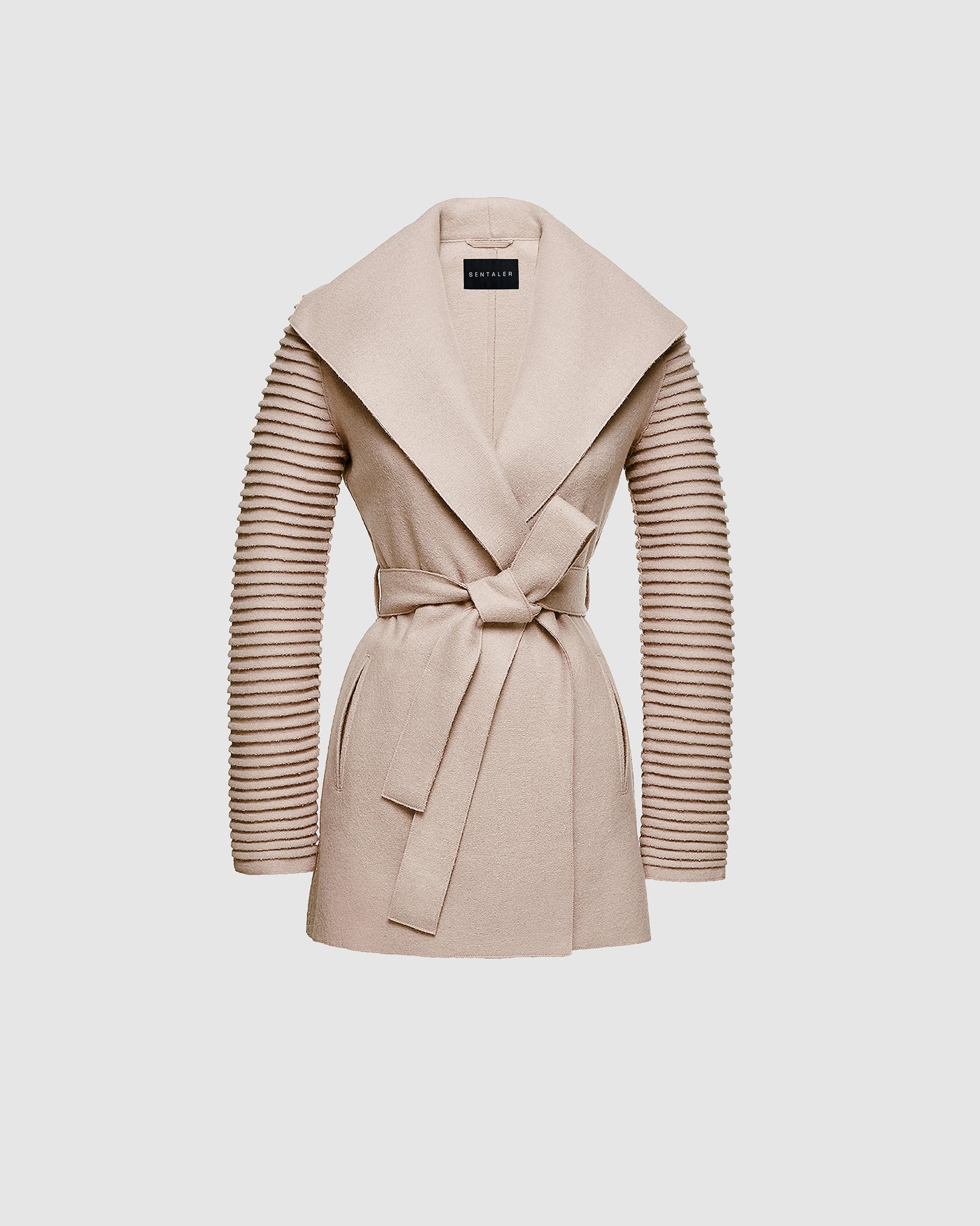 Sentaler chamois beige wrap coat made of superfine alpaca wool with ribbed sleeves, belted. 