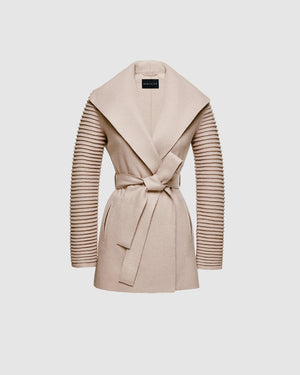 Sentaler chamois beige wrap coat made of superfine alpaca wool with ribbed sleeves, belted. 