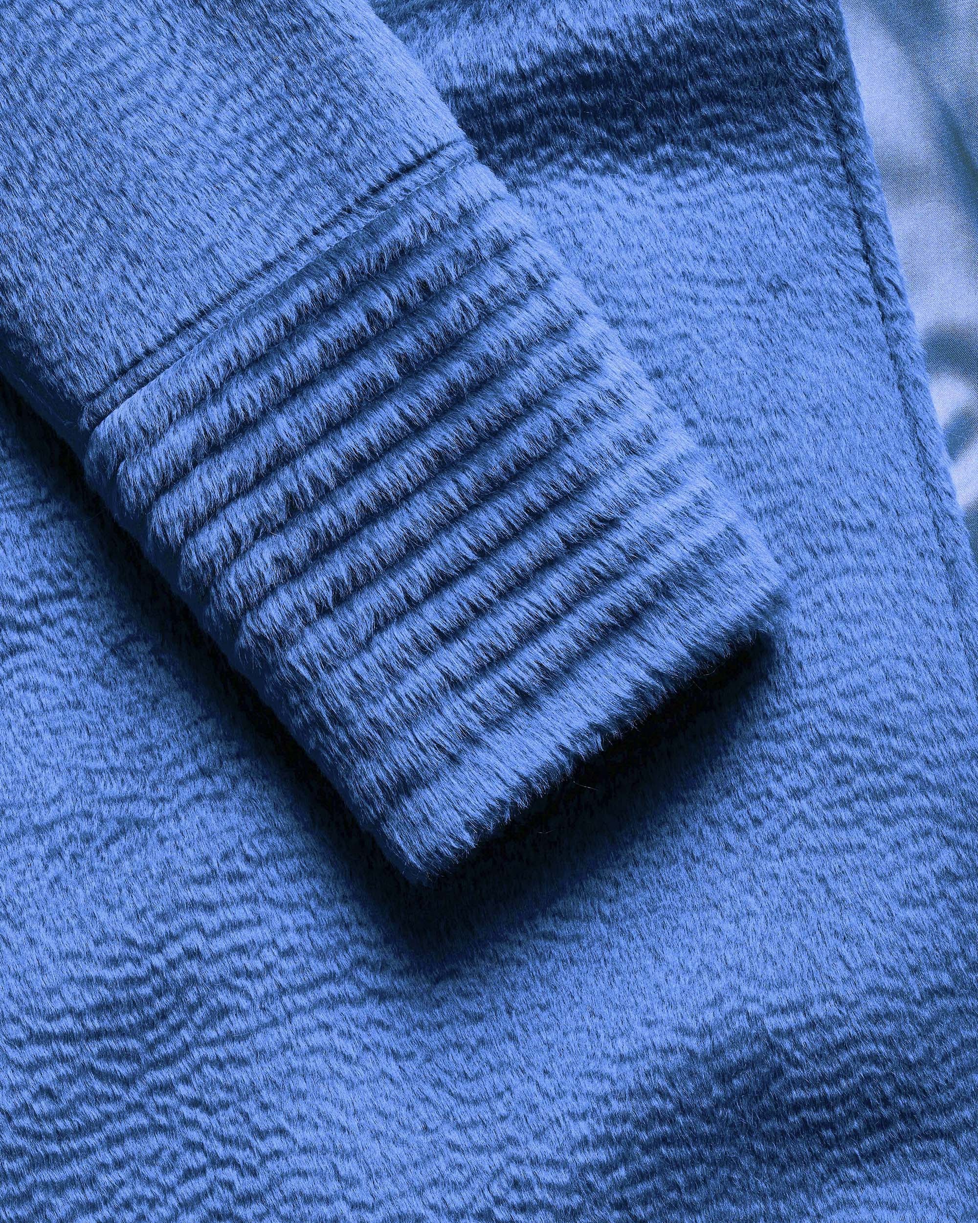 Sentaler long classic blue wrap coat made of suri alpaca wool with a shawl collar.