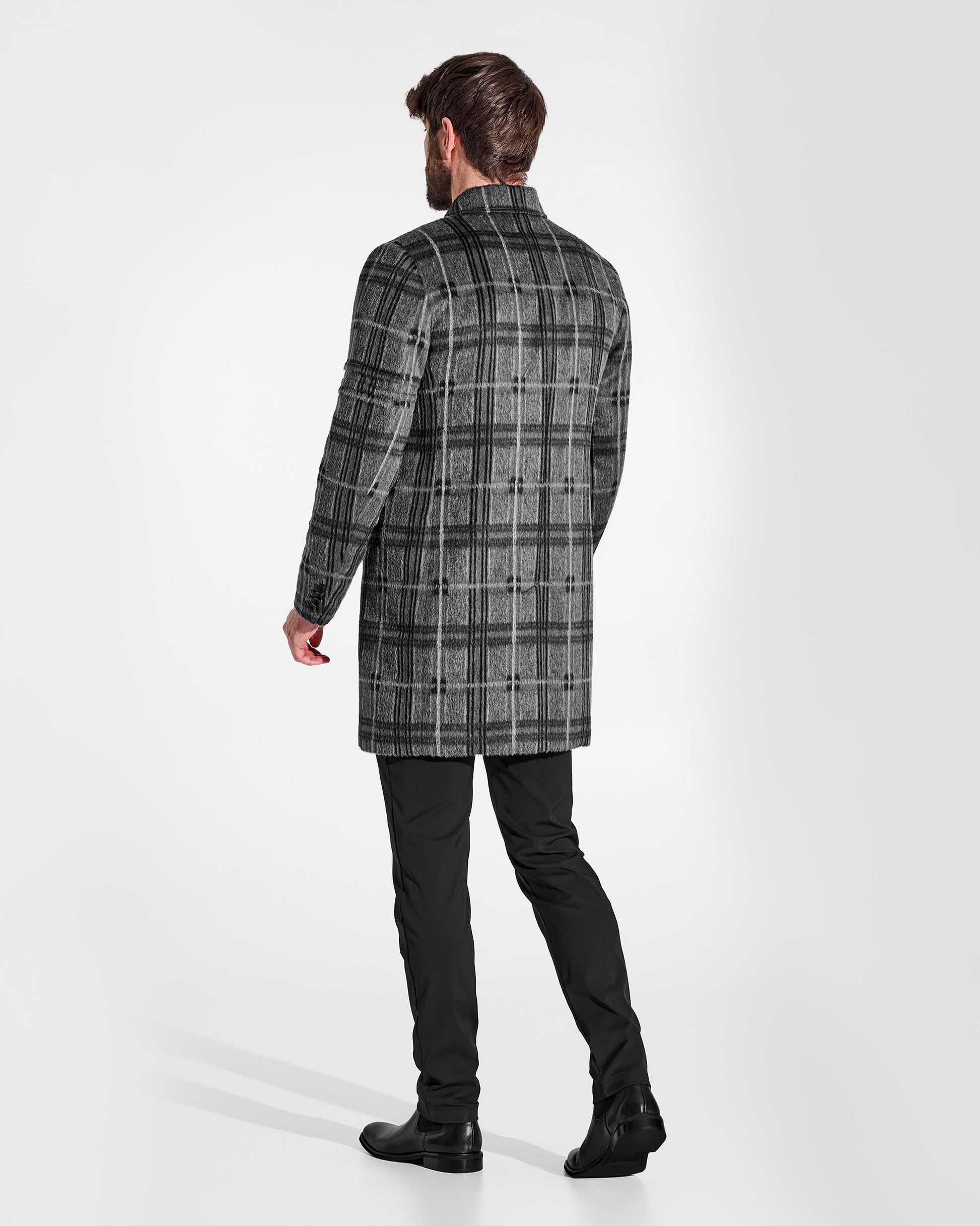 Sentaler Double Breasted Grey Check Overcoat in Suri Alpaca wool. Seen on male model from back view, buttoned.