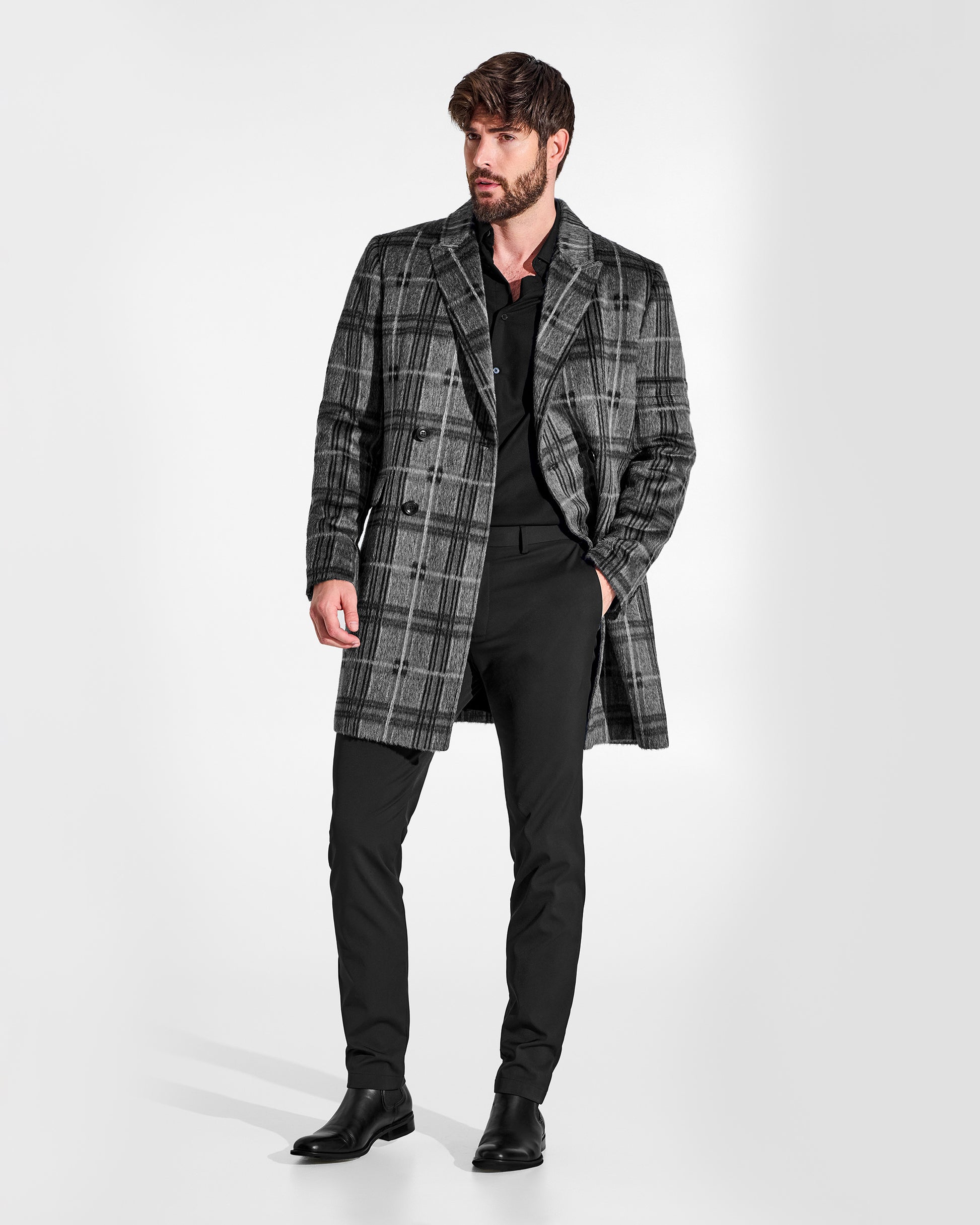 Sentaler Double Breasted Grey Check Overcoat in Suri Alpaca wool. Seen on male model from front view, open.