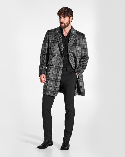 Sentaler Double Breasted Grey Check Overcoat in Suri Alpaca wool. Seen on male model from front view, open.