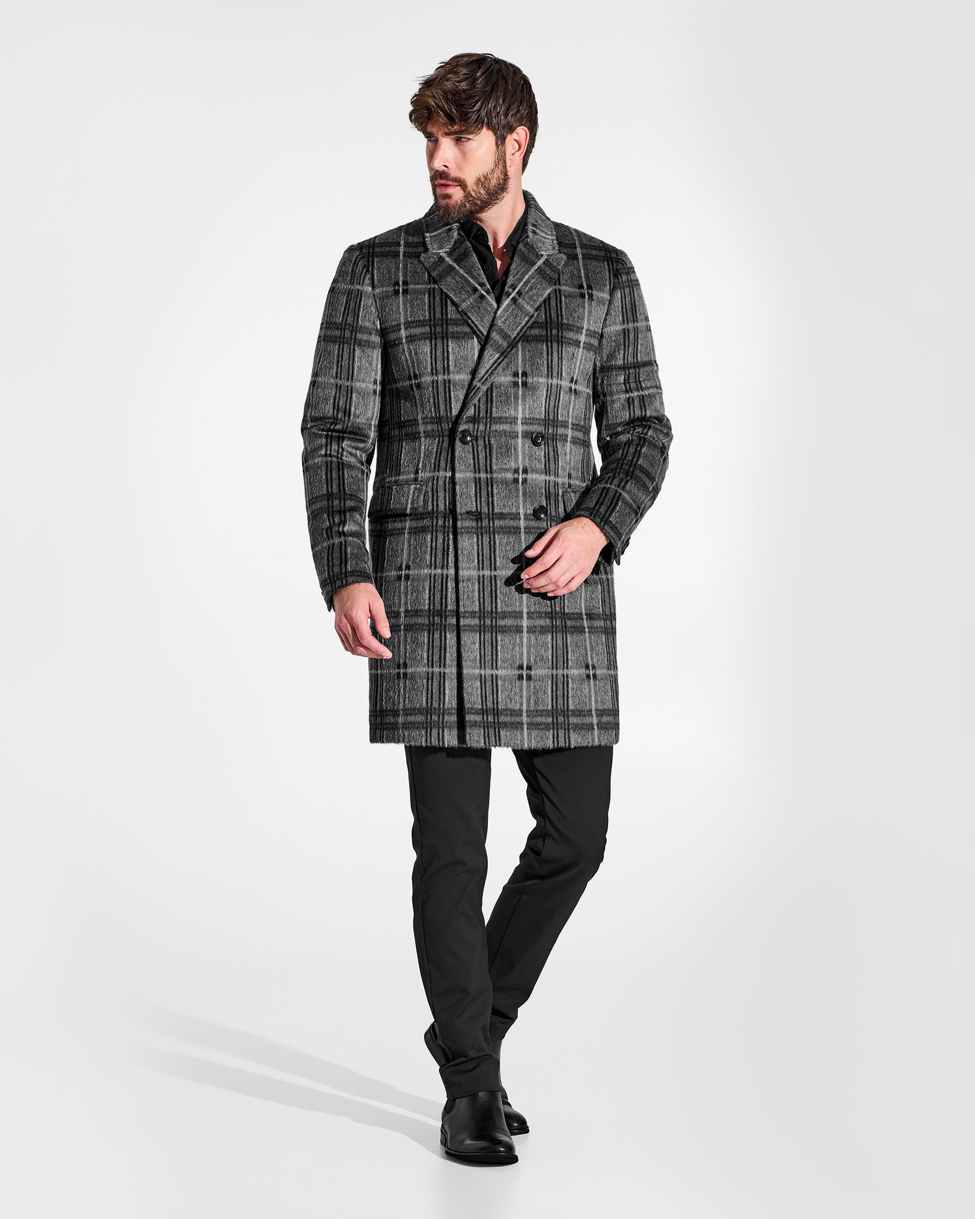 Sentaler Double Breasted Grey Check Overcoat in Suri Alpaca wool. Seen on male model from front view, buttoned.