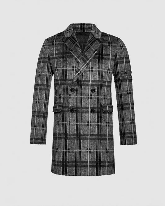 Sentaler Double Breasted Grey Check Overcoat in Suri Alpaca wool. Seen off-figure buttoned.