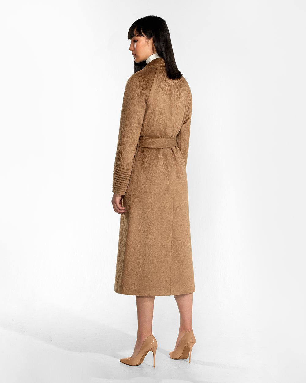 Sentaler Suri Alpaca Raglan Sleeve Wrap Dark Camel Coat in Suri Alpaca wool. Seen from back belted on female model.