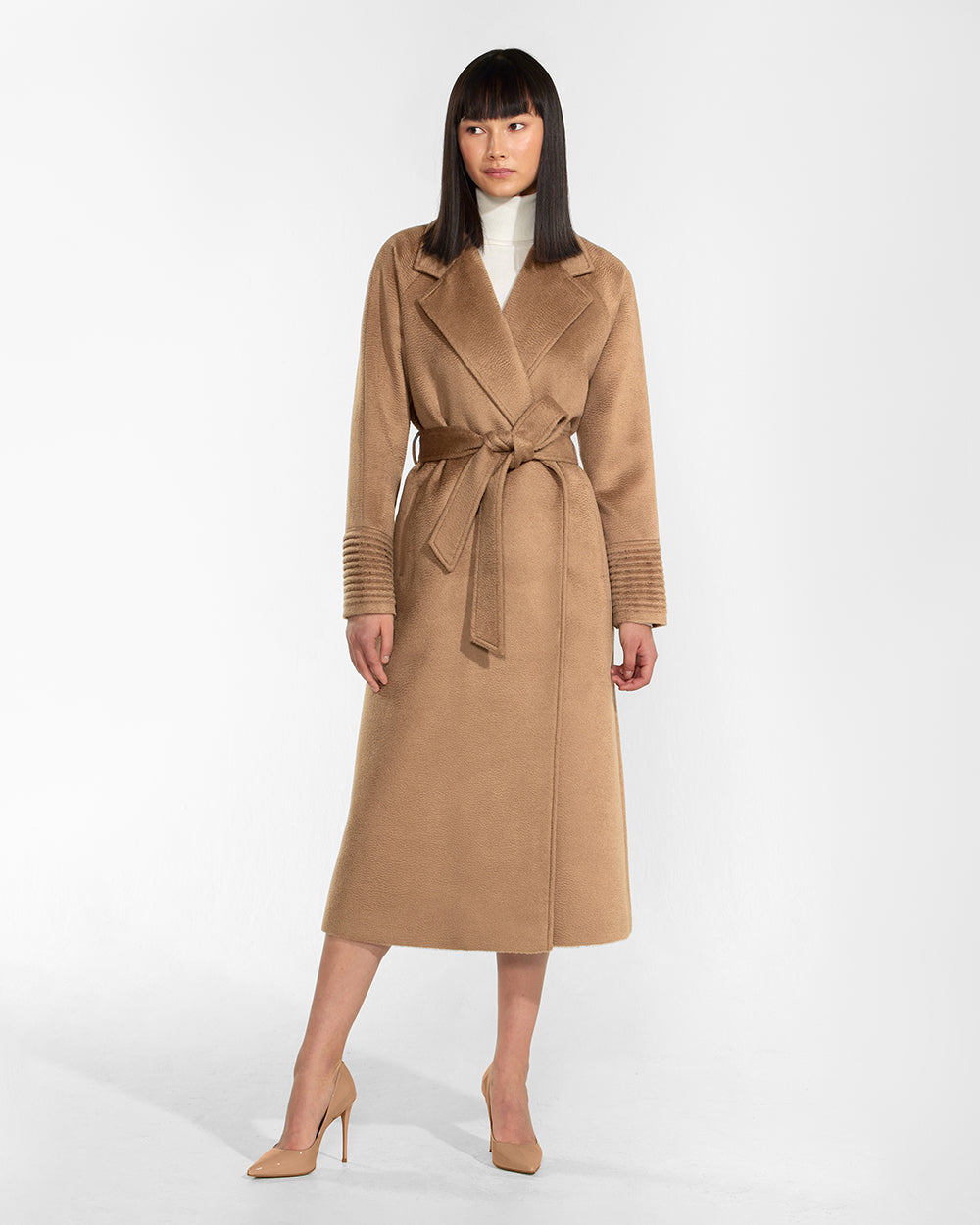 Sentaler Suri Alpaca Raglan Sleeve Wrap Dark Camel Coat in Suri Alpaca wool. Seen from front belted on female model.