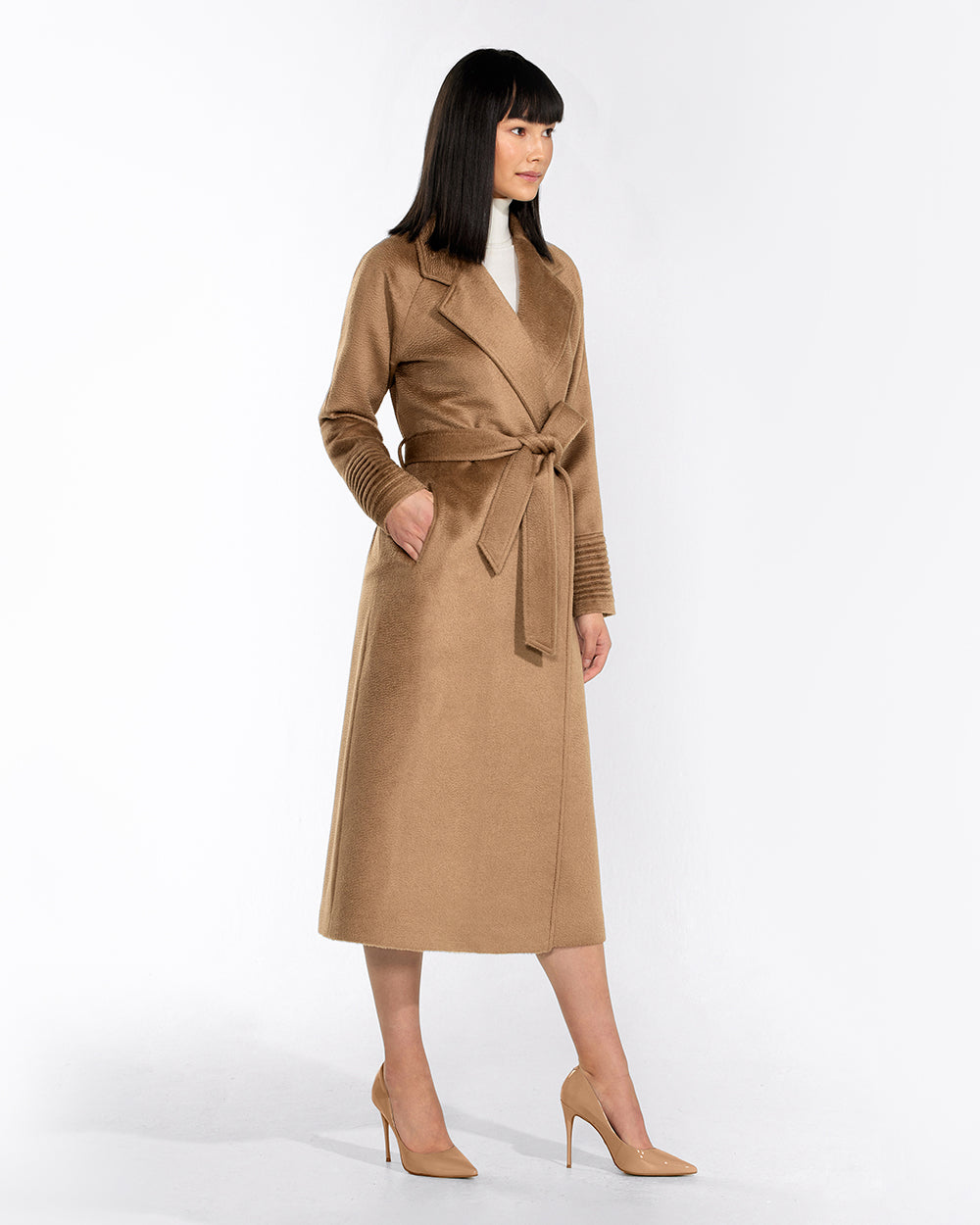 Sentaler Suri Alpaca Raglan Sleeve Wrap Dark Camel Coat in Suri Alpaca wool. Seen from side belted on female model.