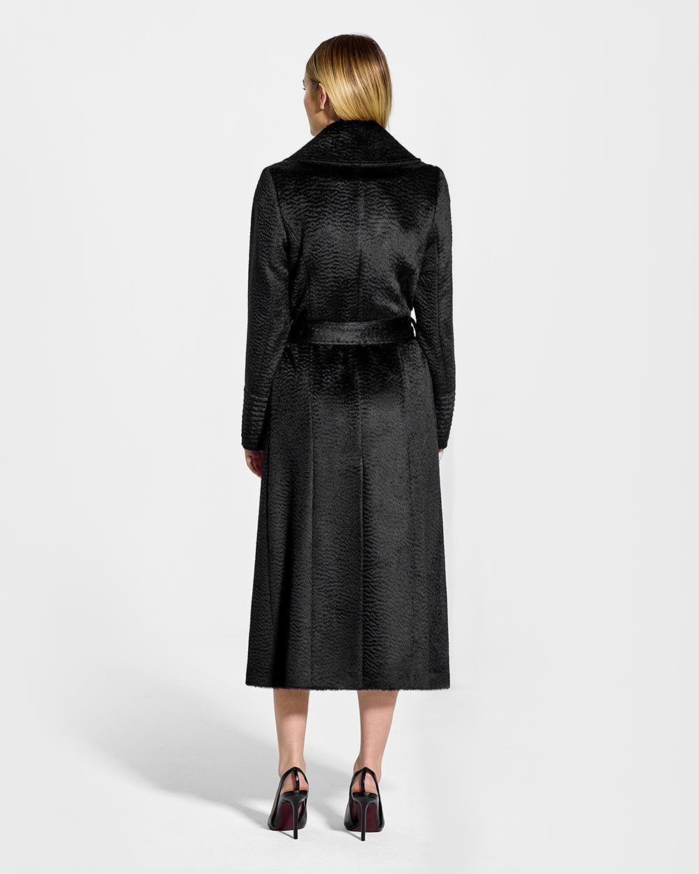 Sentaler Suri Alpaca Long Notched Collar Wrap Black Coat in Suri Alpaca wool. Seen from back belted on female model.