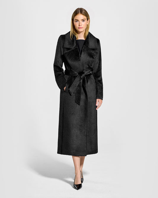 Sentaler Suri Alpaca Long Notched Collar Wrap Black Coat in Suri Alpaca wool. Seen from front belted on female model.