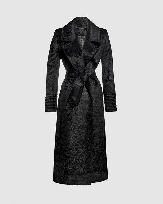 Sentaler Suri Alpaca Long Notched Collar Wrap Black Coat in Suri Alpaca wool. Seen as belted off figure.