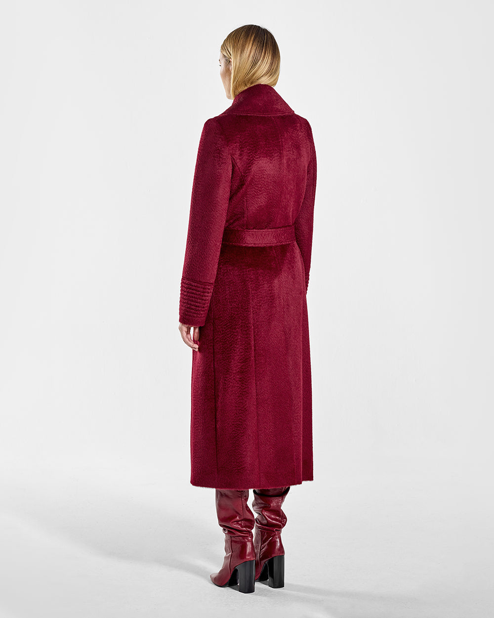 Sentaler Suri Alpaca Long Notched Collar Wrap Bordeaux Coat in Suri Alpaca wool. Seen from back belted on female model.