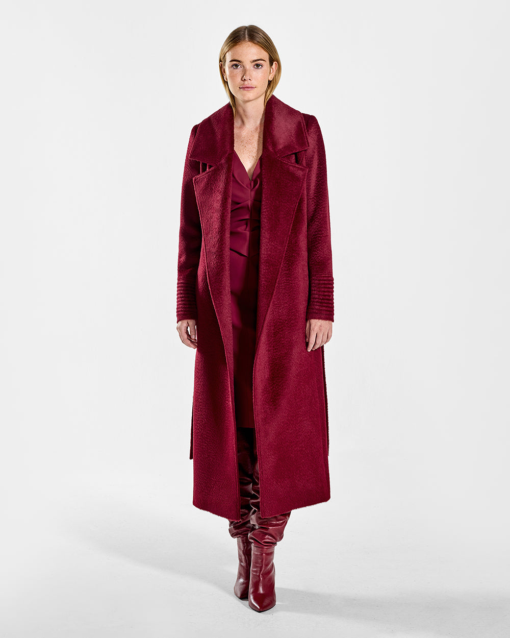 Sentaler Suri Alpaca Long Notched Collar Wrap Bordeaux Coat in Suri Alpaca wool. Seen from front open on female model.