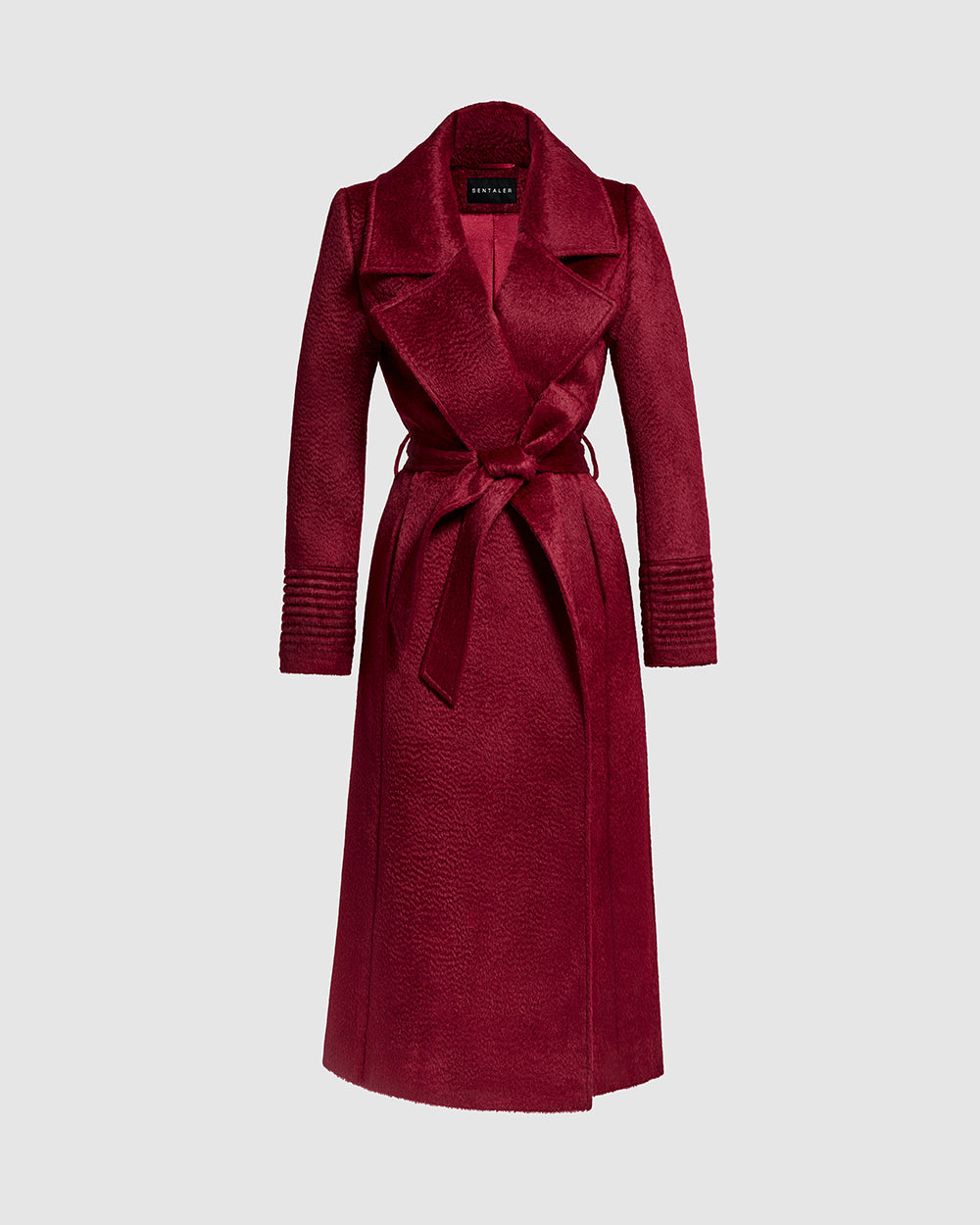 Sentaler Suri Alpaca Long Notched Collar Wrap Bordeaux Coat in Suri Alpaca wool. Seen as belted off figure.