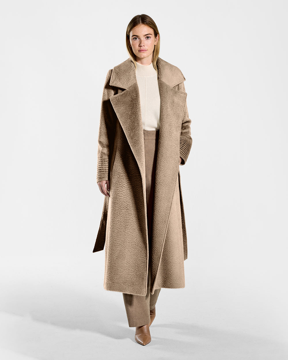 Sentaler Suri Alpaca Long Notched Collar Wrap Hazelnut Coat in Suri Alpaca wool. Seen from front open on female model.