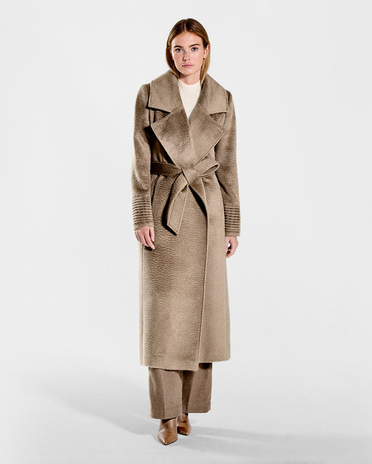 Sentaler Suri Alpaca Long Notched Collar Wrap Hazelnut Coat in Suri Alpaca wool. Seen from front belted on female model.