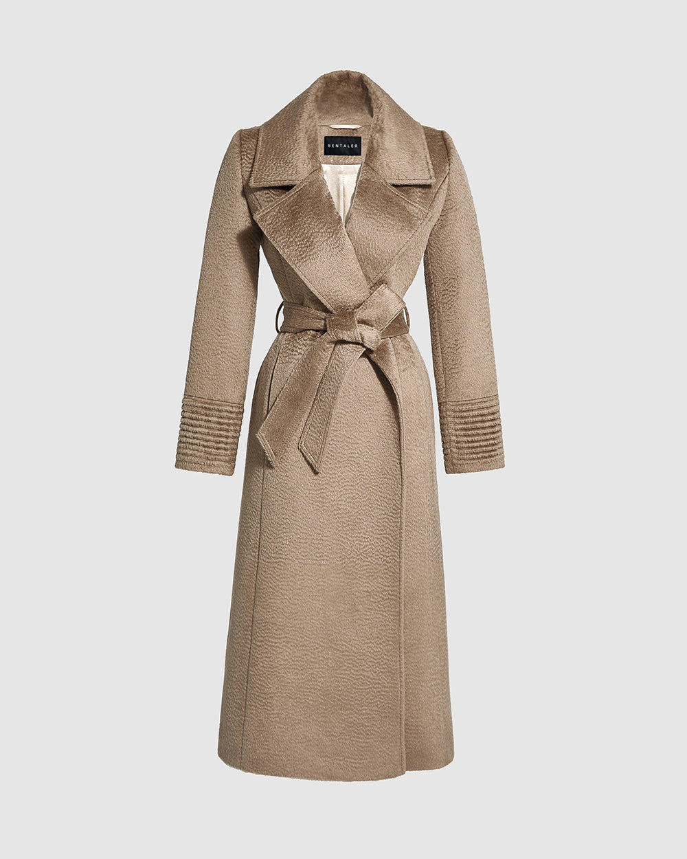 Sentaler Suri Alpaca Long Notched Collar Wrap Hazelnut Coat in Suri Alpaca wool. Seen as belted off figure.