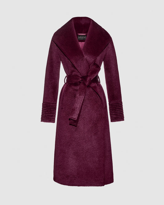 Sentaler long cherry lacquer wrap coat made of suri alpaca wool with a shawl collar, belted.