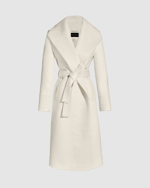 Sentaler long ivory wrap coat made of suri alpaca wool with a shawl collar, belted.